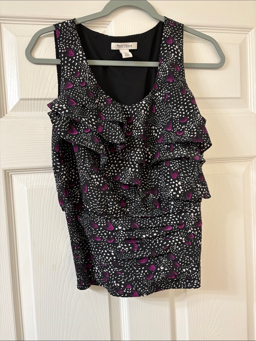 White House Black Market Black Ruffle Tank with Purple & White Print